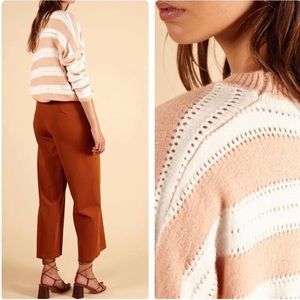 French Paris Striped Perforated Knit Crew Neck Sweater S/M